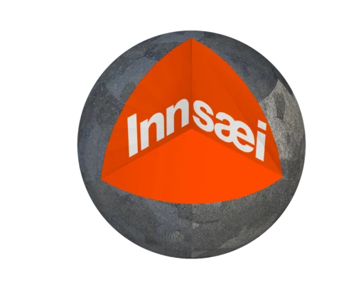 a darmetal a dark metall ball that shows an innera of red molten lava with the word Innsaei written in white