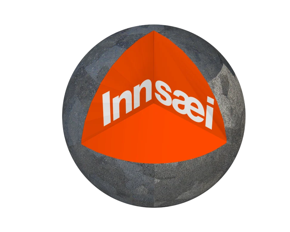 a darmetal a dark metall ball that shows an innera of red molten lava with the word Innsaei written in white