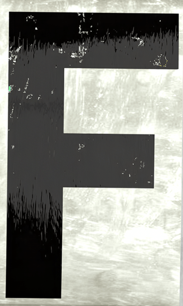 Deatail showing the distressing used on the letter F